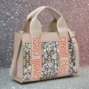Cavalli Class Beige and Pink Floral Tote